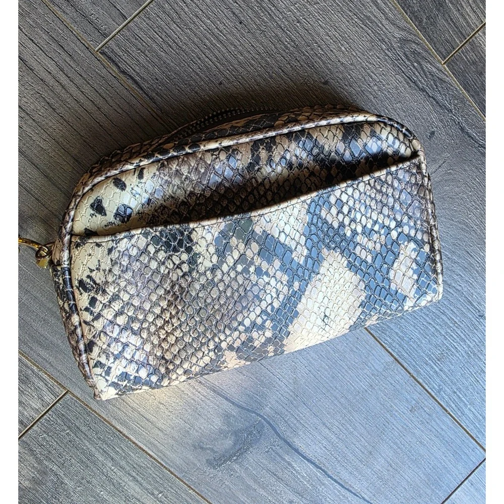 Nicole Miller Snakeskin Print Makeup Bag Pouch Gold Hardware with Mirror Neutral